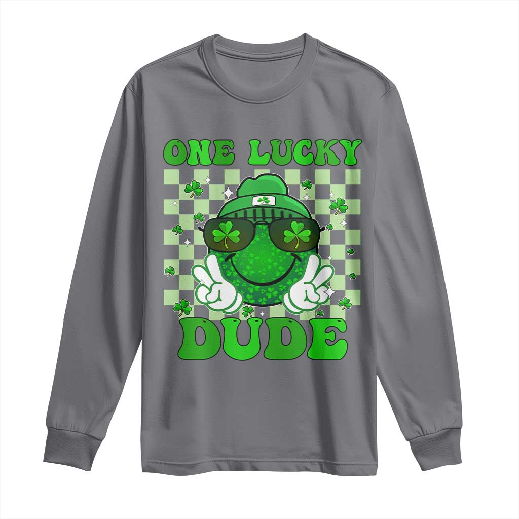 Funny One Lucky Dude St Patrick's Day Long Sleeve Shirt Checkerboard Shamrock