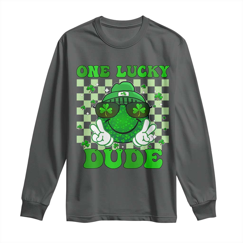 Funny One Lucky Dude St Patrick's Day Long Sleeve Shirt Checkerboard Shamrock