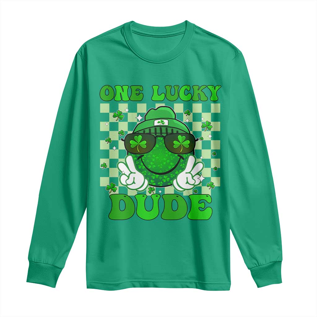 Funny One Lucky Dude St Patrick's Day Long Sleeve Shirt Checkerboard Shamrock