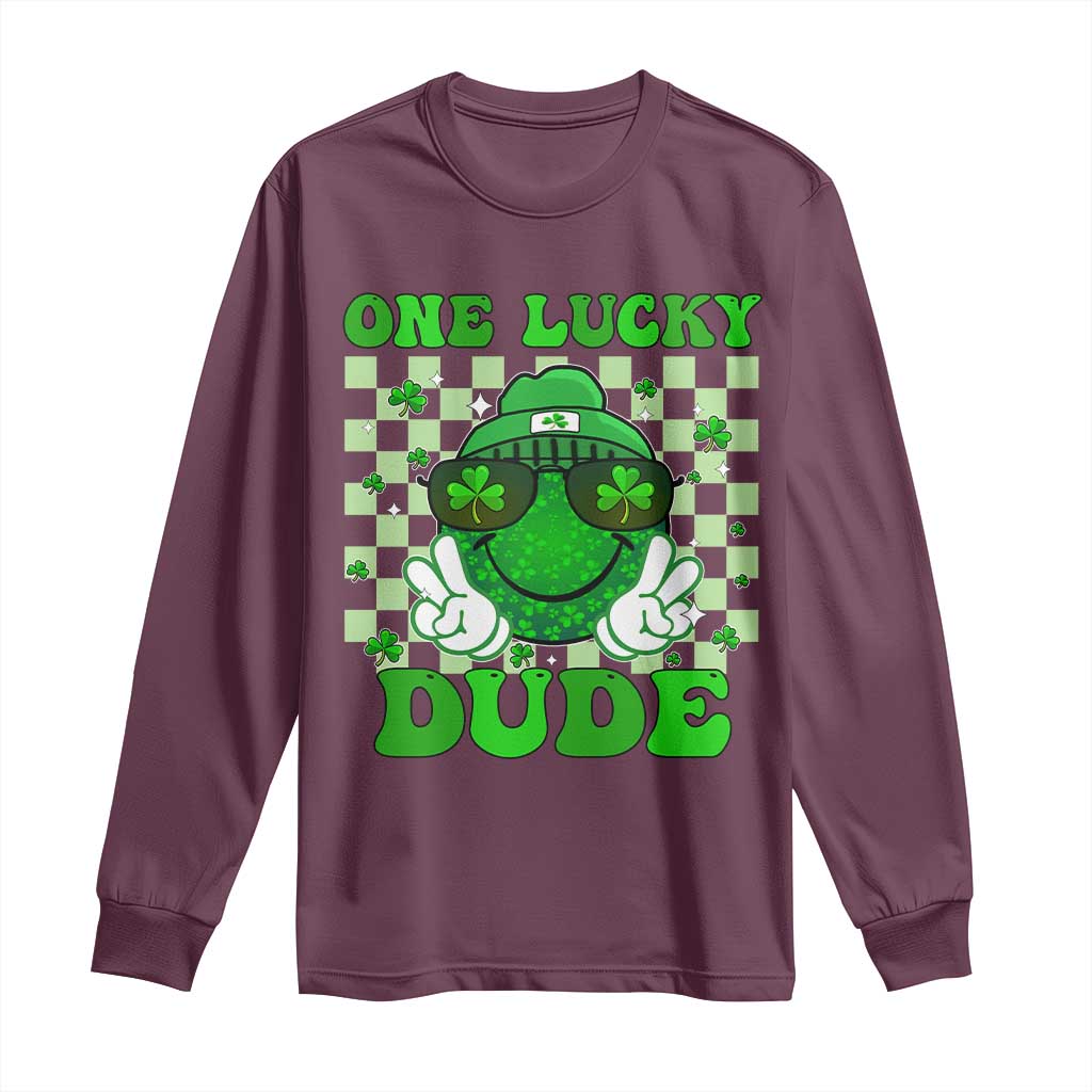 Funny One Lucky Dude St Patrick's Day Long Sleeve Shirt Checkerboard Shamrock