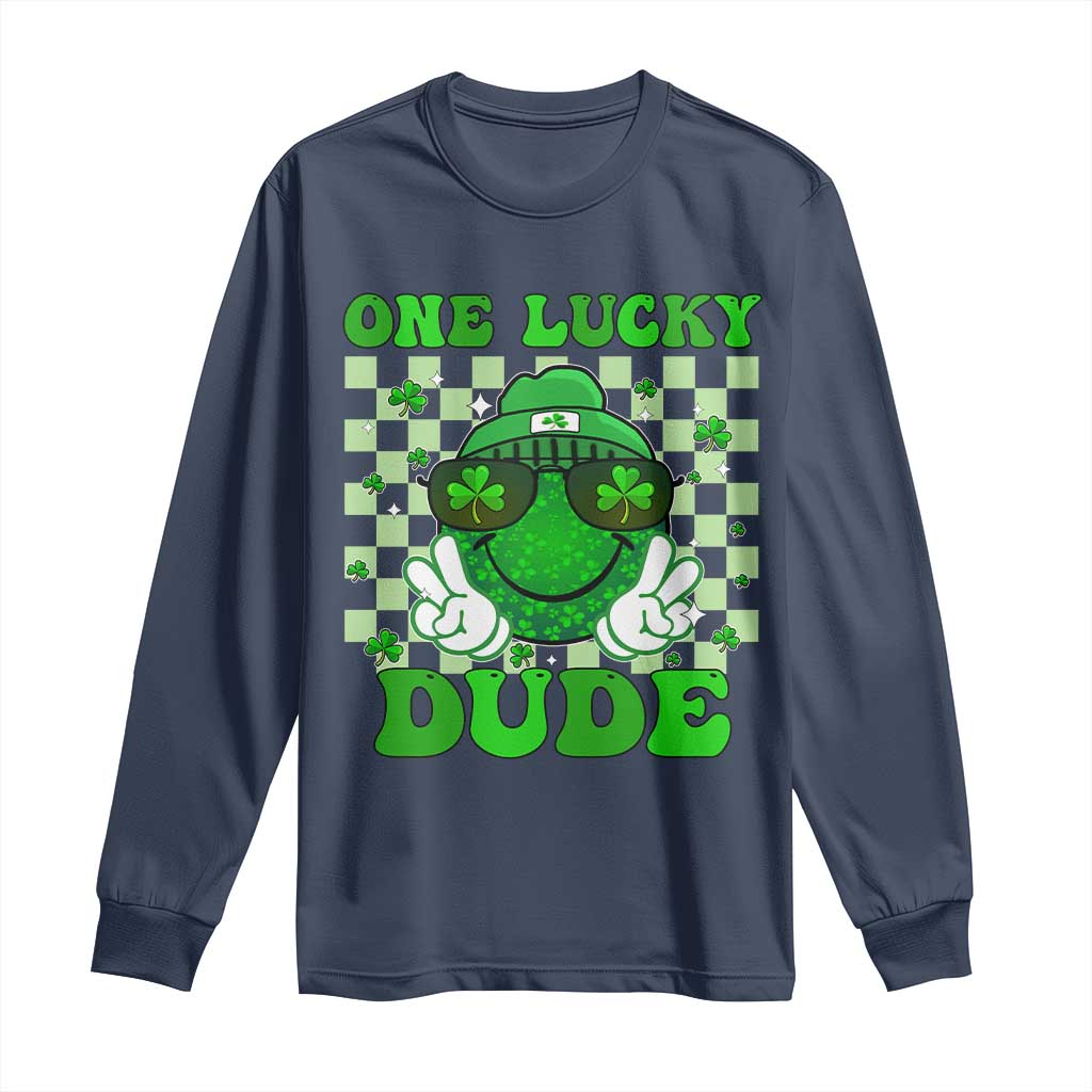 Funny One Lucky Dude St Patrick's Day Long Sleeve Shirt Checkerboard Shamrock