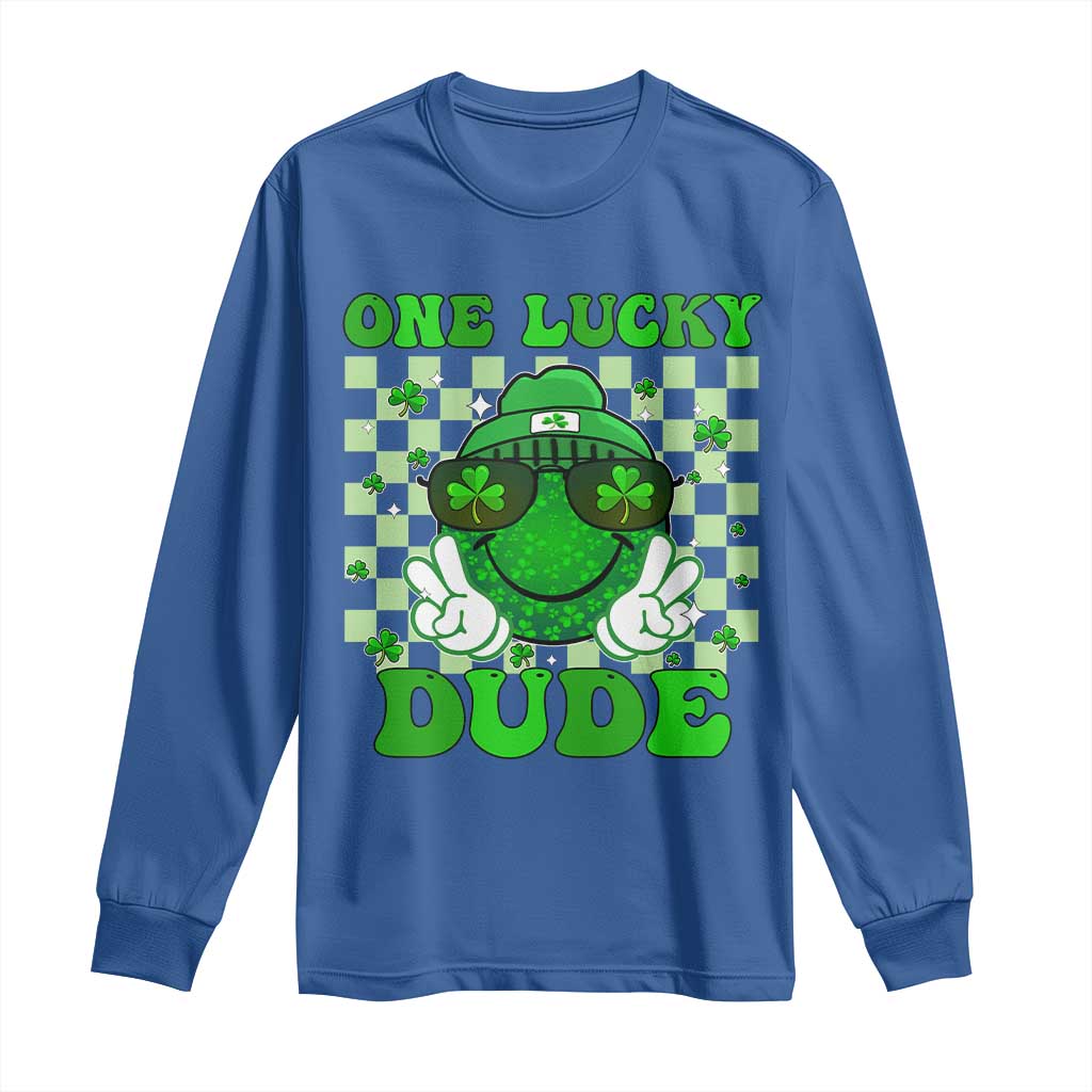 Funny One Lucky Dude St Patrick's Day Long Sleeve Shirt Checkerboard Shamrock