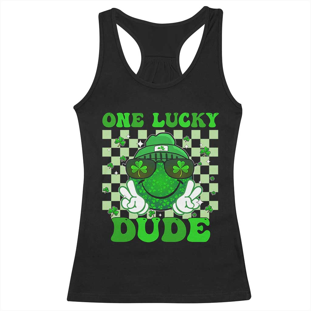 Funny One Lucky Dude St Patrick's Day Racerback Tank Top Checkerboard Shamrock