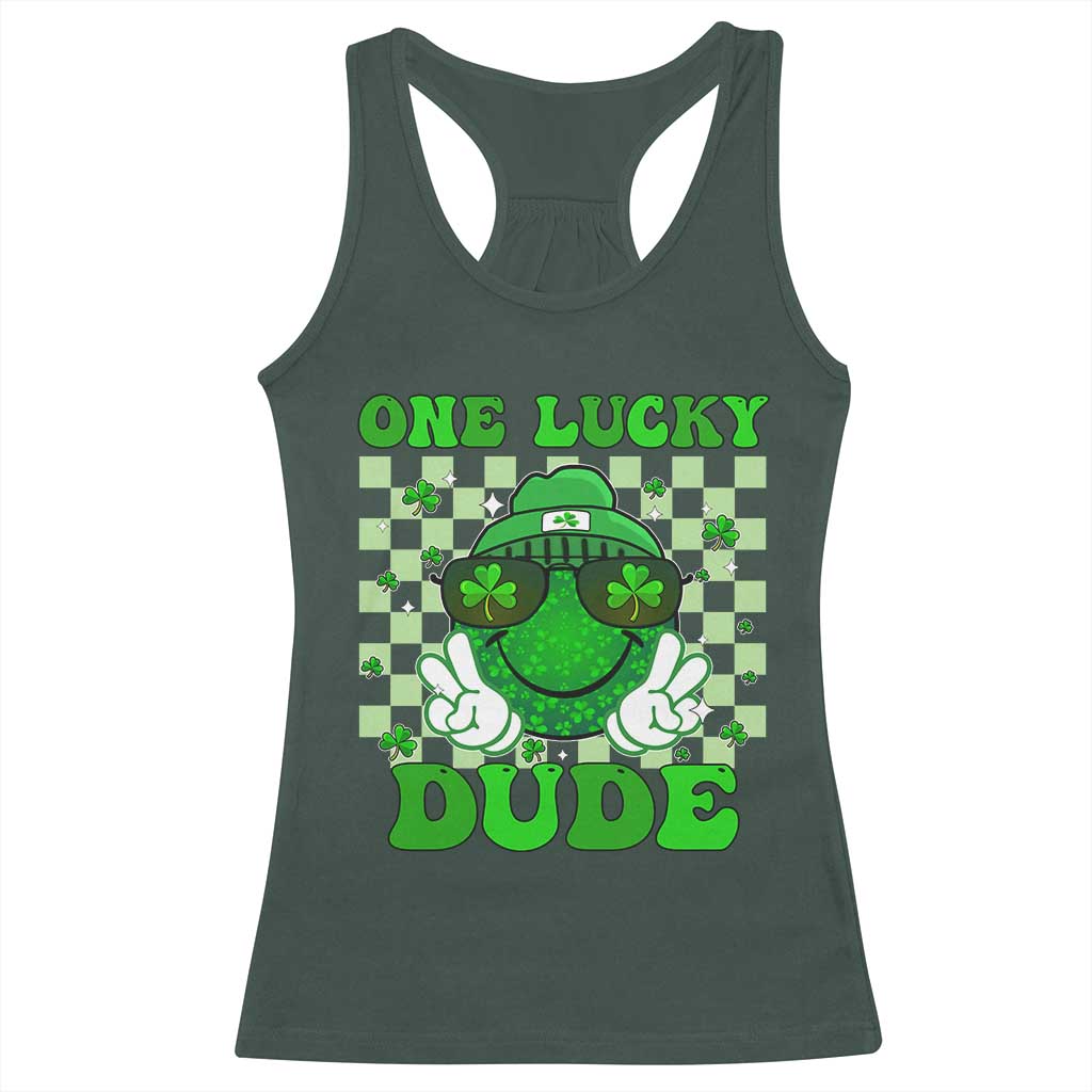 Funny One Lucky Dude St Patrick's Day Racerback Tank Top Checkerboard Shamrock