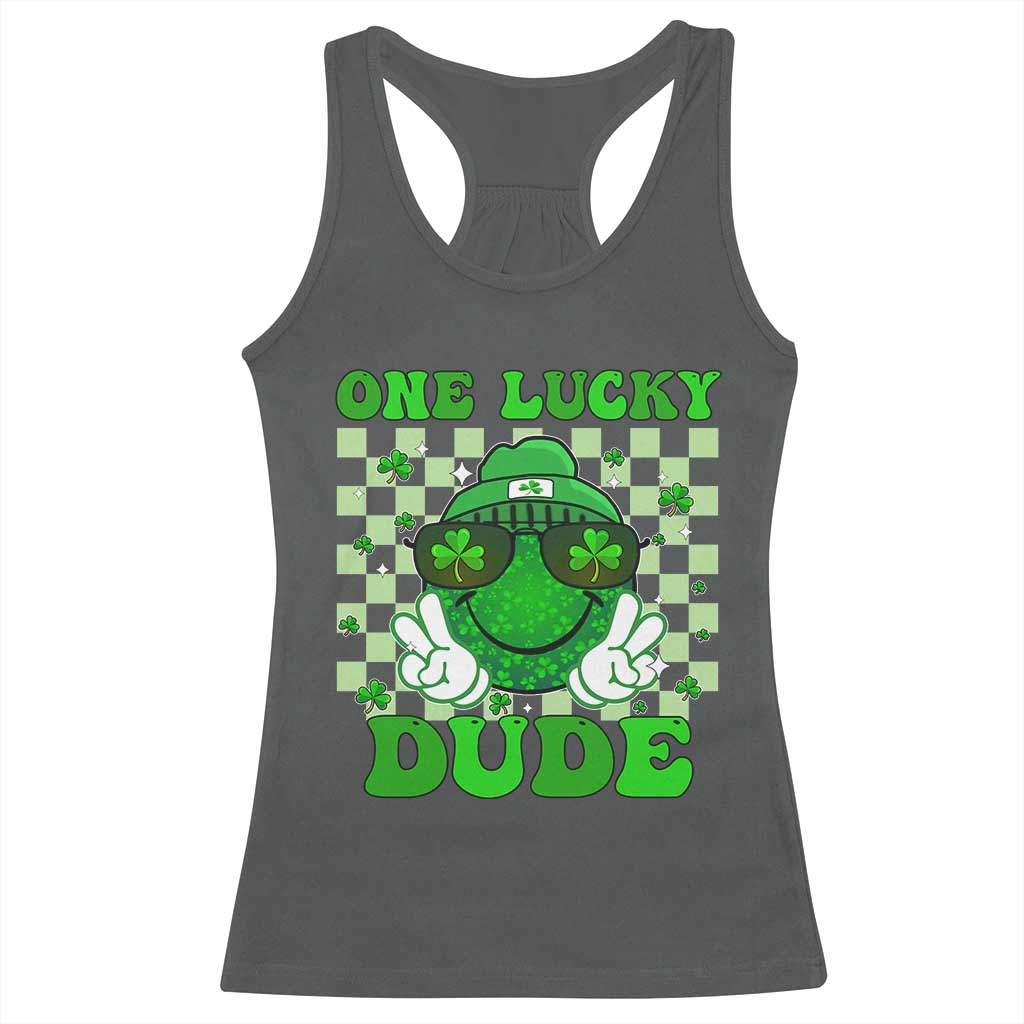 Funny One Lucky Dude St Patrick's Day Racerback Tank Top Checkerboard Shamrock