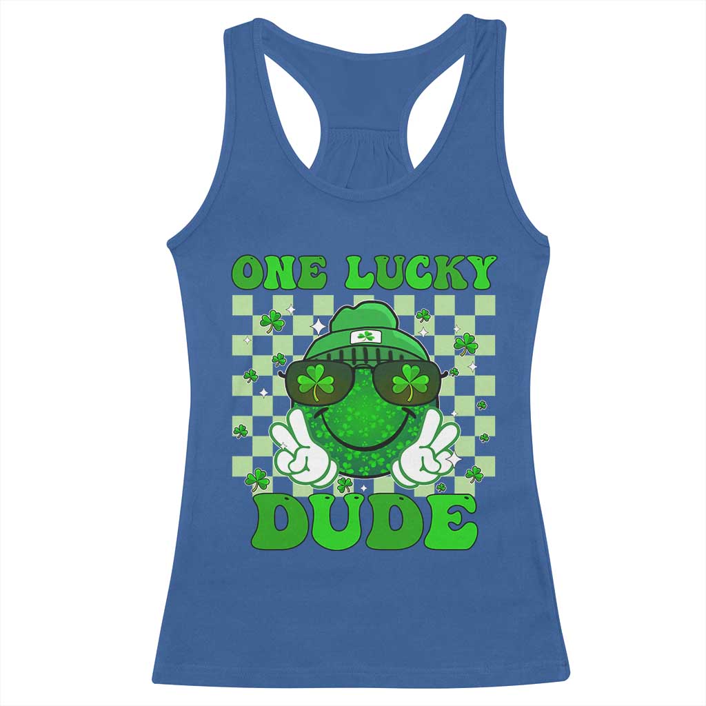 Funny One Lucky Dude St Patrick's Day Racerback Tank Top Checkerboard Shamrock