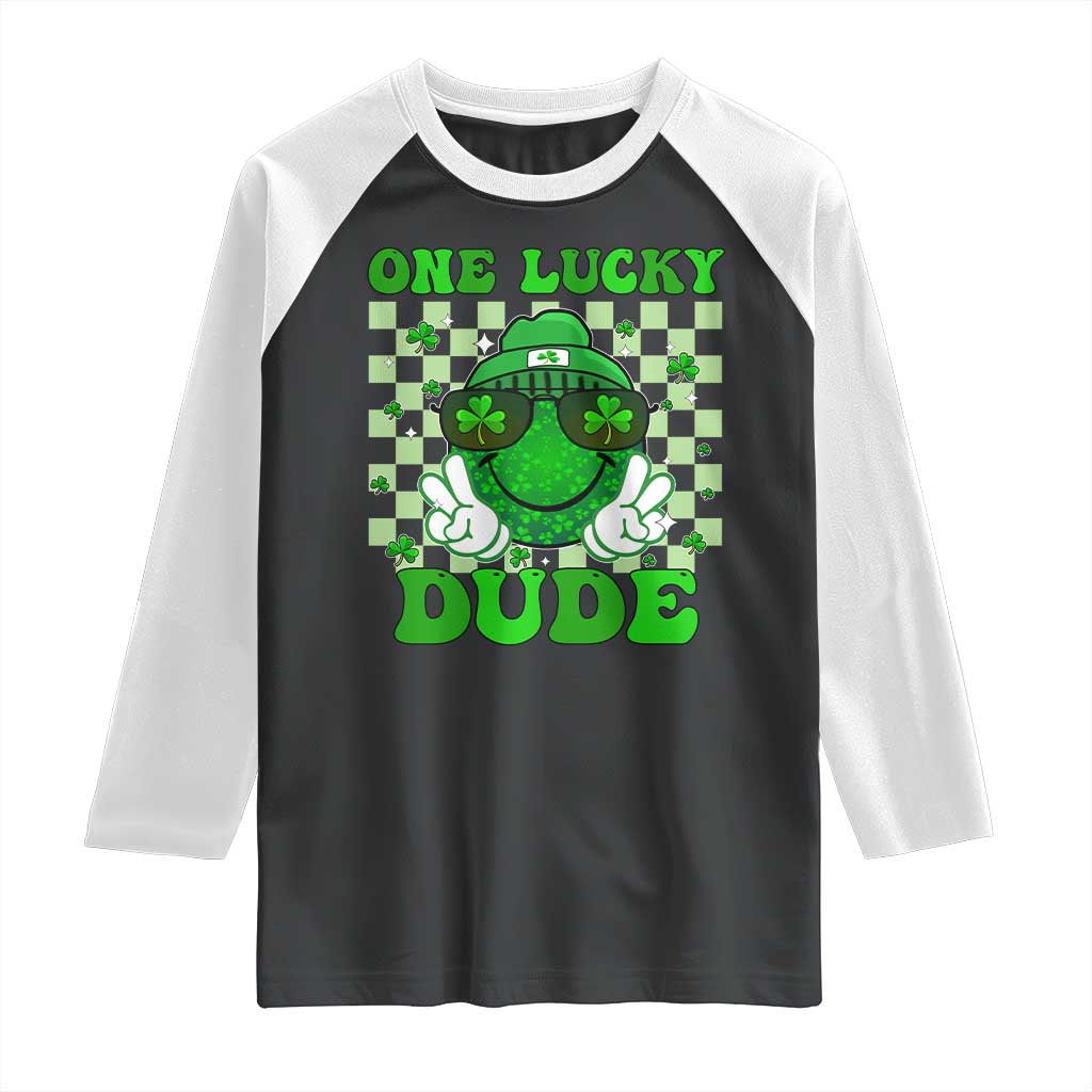 Funny One Lucky Dude St Patrick's Day Raglan Shirt Checkerboard Shamrock