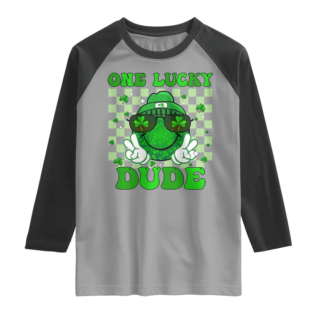 Funny One Lucky Dude St Patrick's Day Raglan Shirt Checkerboard Shamrock
