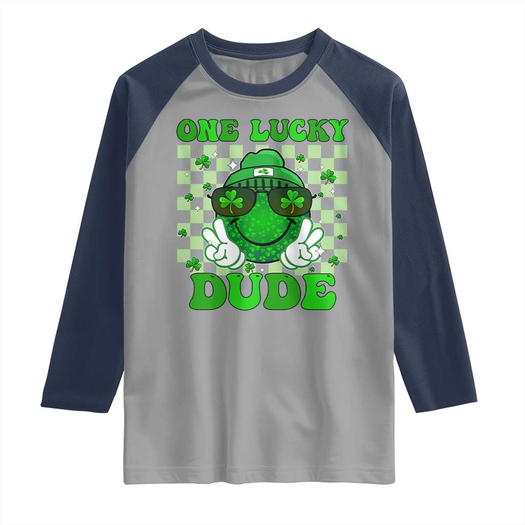 Funny One Lucky Dude St Patrick's Day Raglan Shirt Checkerboard Shamrock