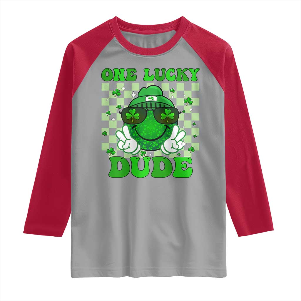 Funny One Lucky Dude St Patrick's Day Raglan Shirt Checkerboard Shamrock