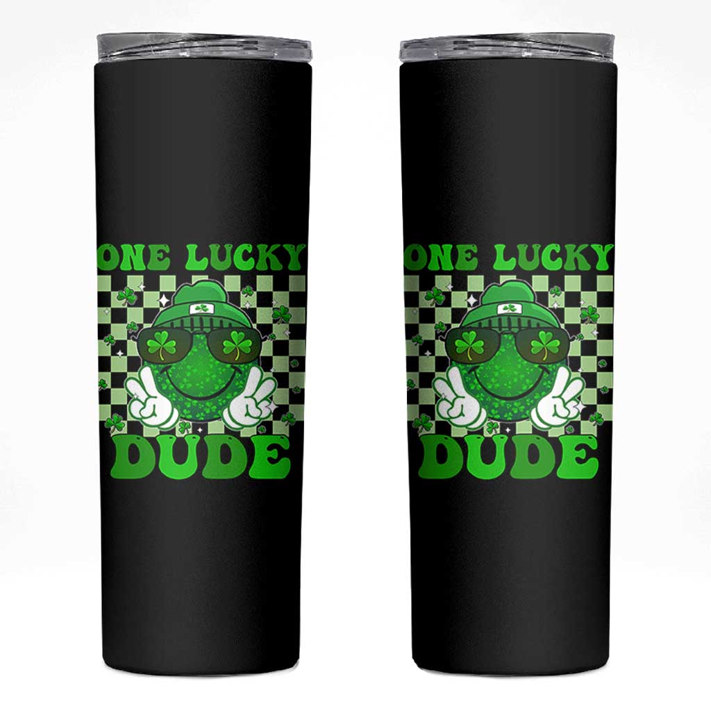 Funny One Lucky Dude St Patrick's Day Skinny Tumbler Checkerboard Shamrock