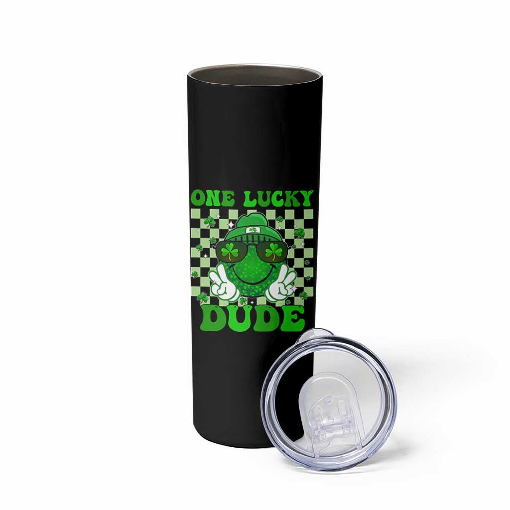 Funny One Lucky Dude St Patrick's Day Skinny Tumbler Checkerboard Shamrock