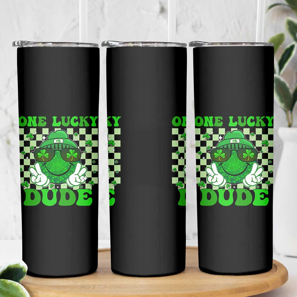 Funny One Lucky Dude St Patrick's Day Skinny Tumbler Checkerboard Shamrock
