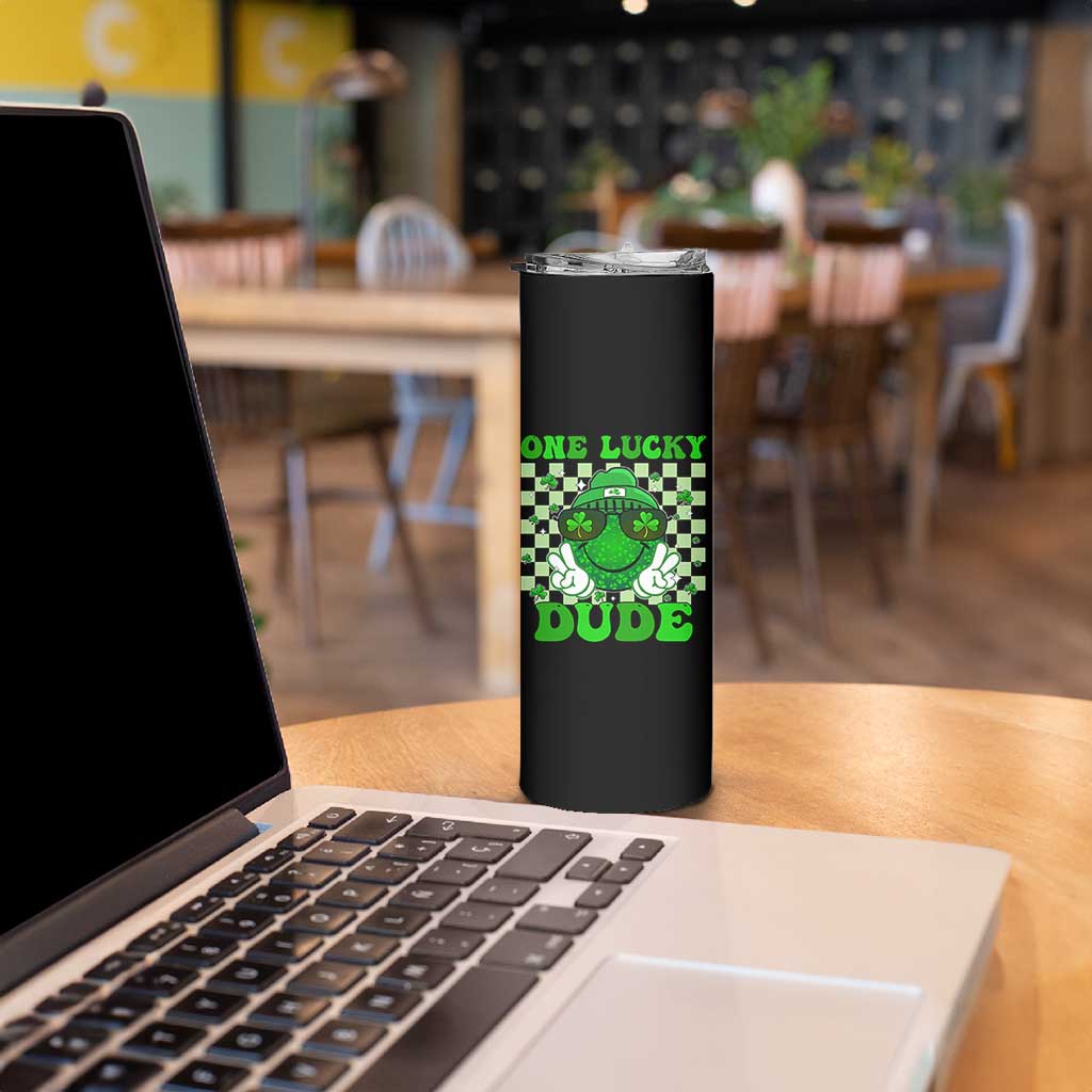 Funny One Lucky Dude St Patrick's Day Skinny Tumbler Checkerboard Shamrock