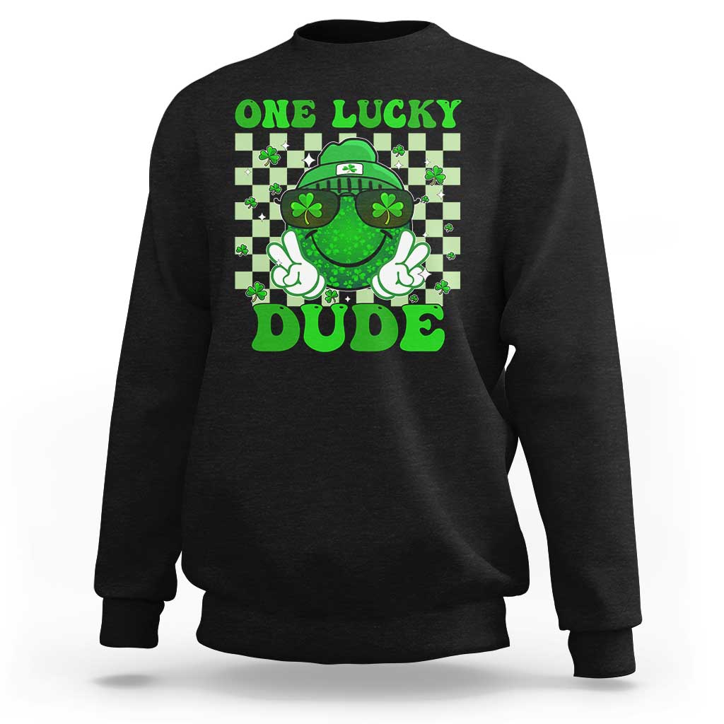Funny One Lucky Dude St Patrick's Day Sweatshirt Checkerboard Shamrock