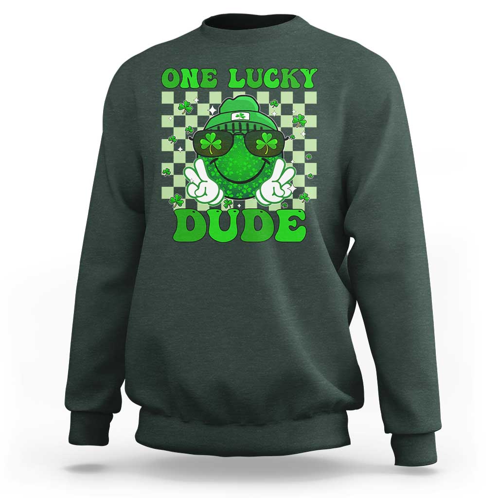 Funny One Lucky Dude St Patrick's Day Sweatshirt Checkerboard Shamrock