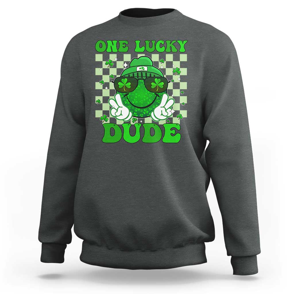 Funny One Lucky Dude St Patrick's Day Sweatshirt Checkerboard Shamrock