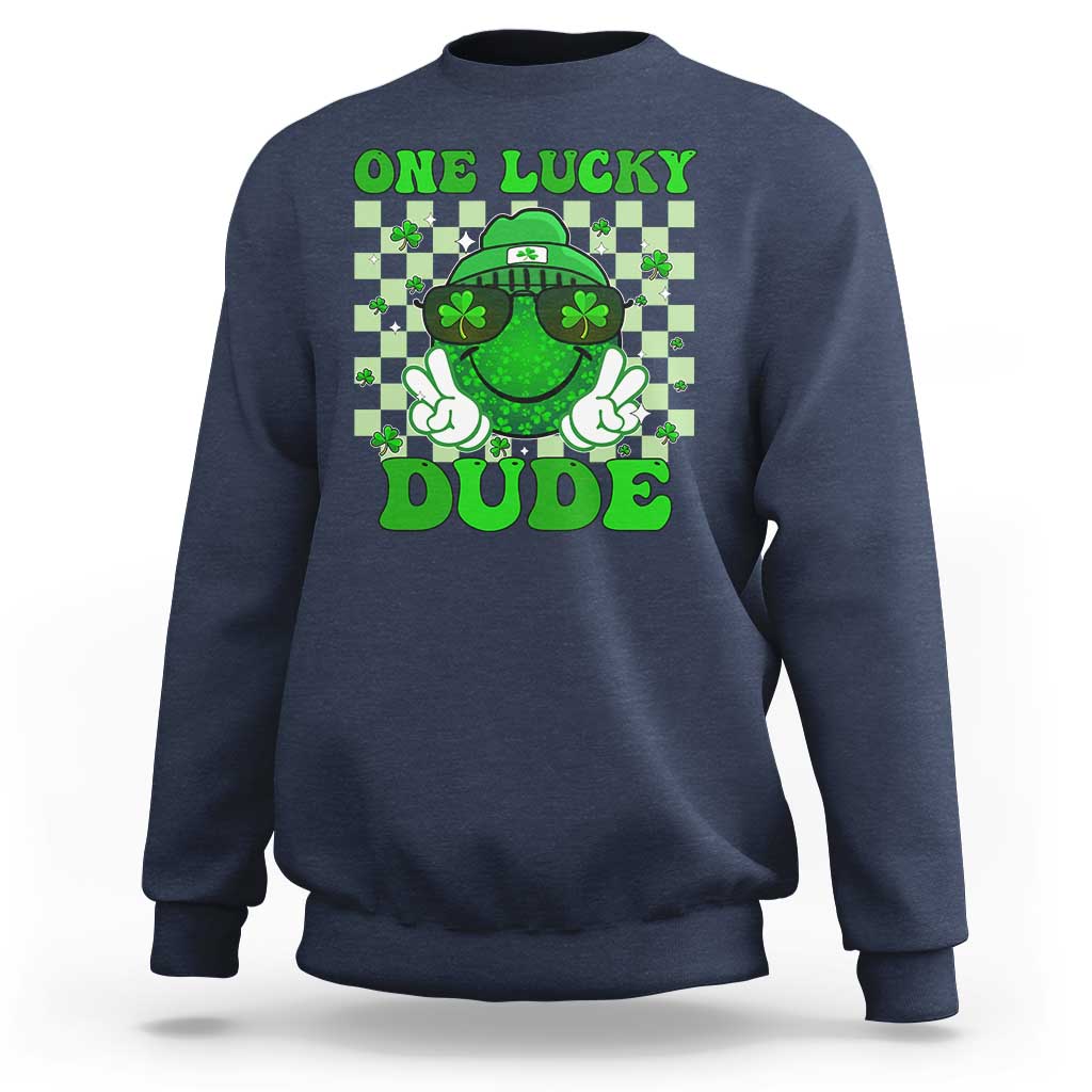 Funny One Lucky Dude St Patrick's Day Sweatshirt Checkerboard Shamrock