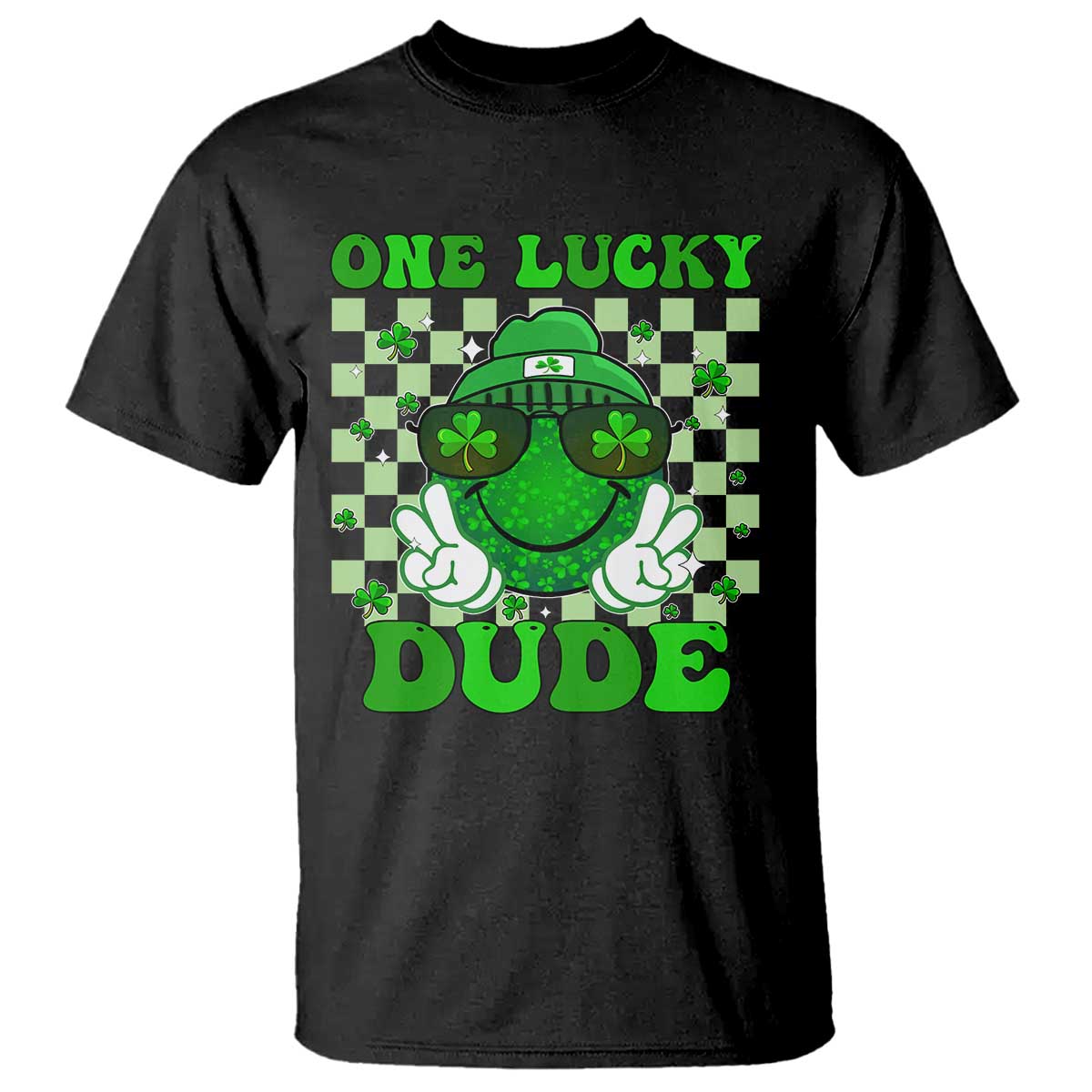 Funny One Lucky Dude St Patrick's Day T Shirt Checkerboard Shamrock