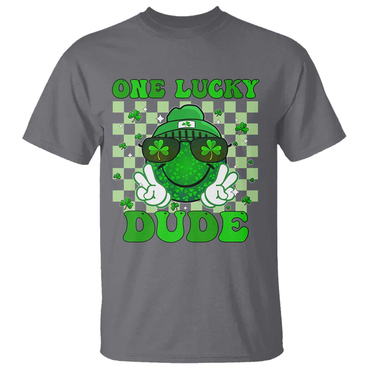 Funny One Lucky Dude St Patrick's Day T Shirt Checkerboard Shamrock