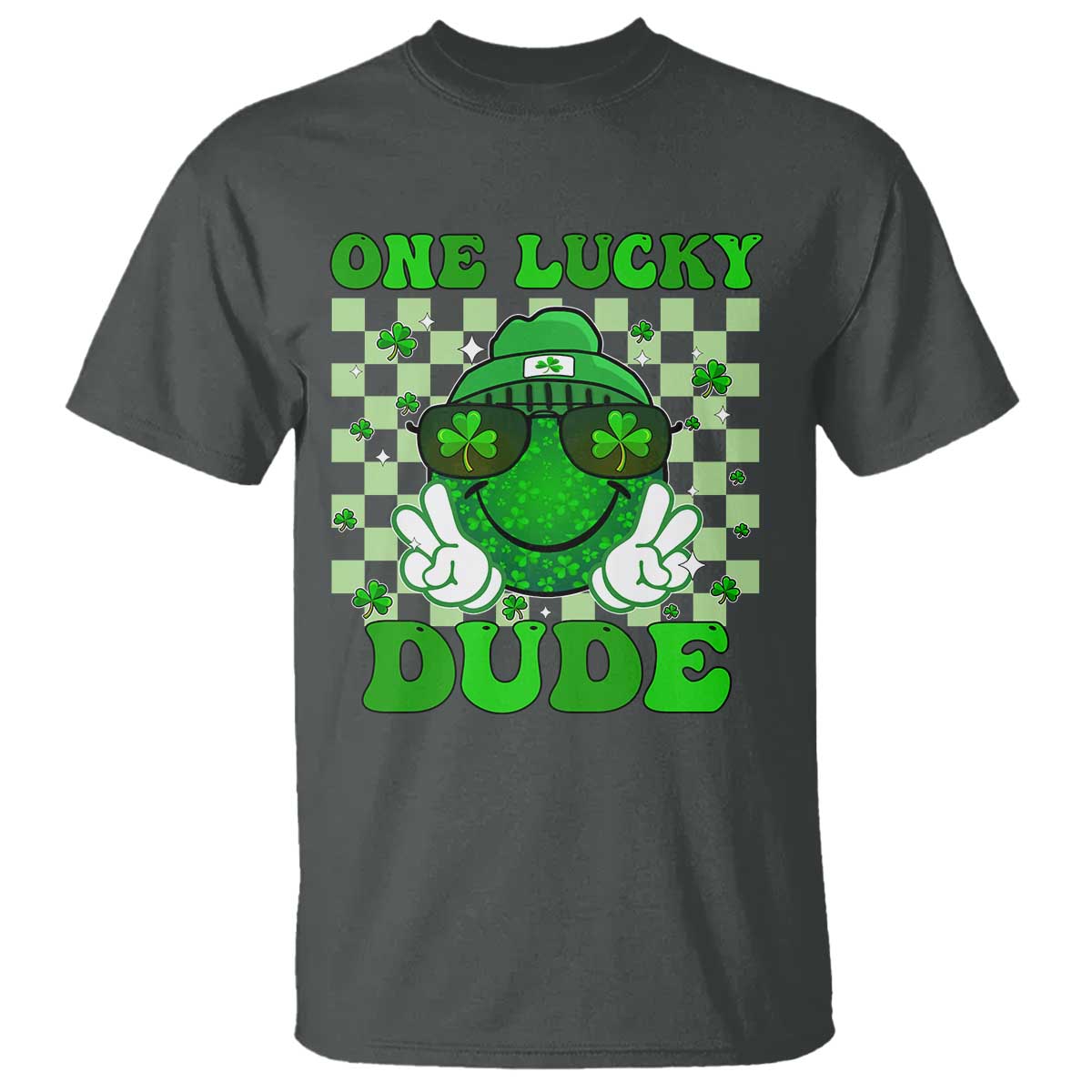 Funny One Lucky Dude St Patrick's Day T Shirt Checkerboard Shamrock