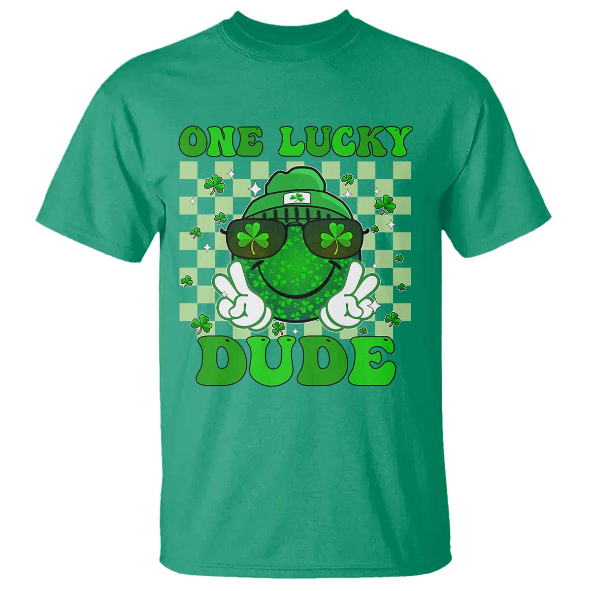 Funny One Lucky Dude St Patrick's Day T Shirt Checkerboard Shamrock
