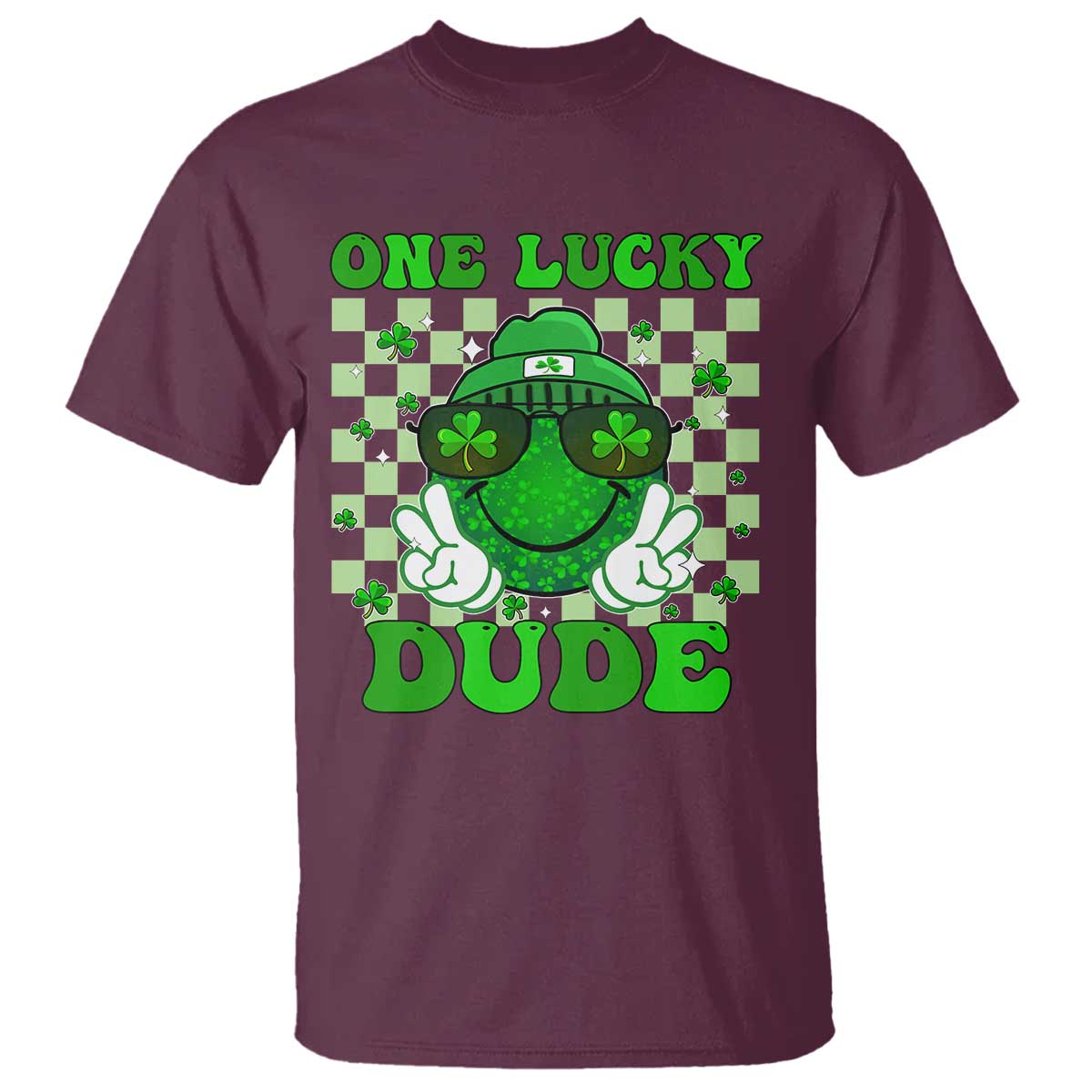 Funny One Lucky Dude St Patrick's Day T Shirt Checkerboard Shamrock
