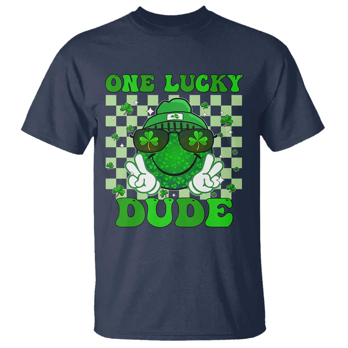 Funny One Lucky Dude St Patrick's Day T Shirt Checkerboard Shamrock