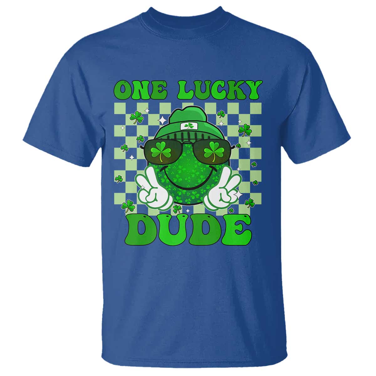 Funny One Lucky Dude St Patrick's Day T Shirt Checkerboard Shamrock