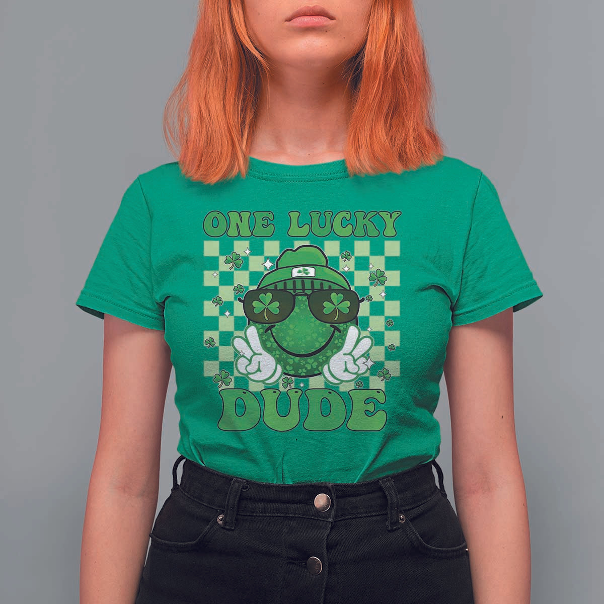 Funny One Lucky Dude St Patrick's Day T Shirt For Women Checkerboard Shamrock
