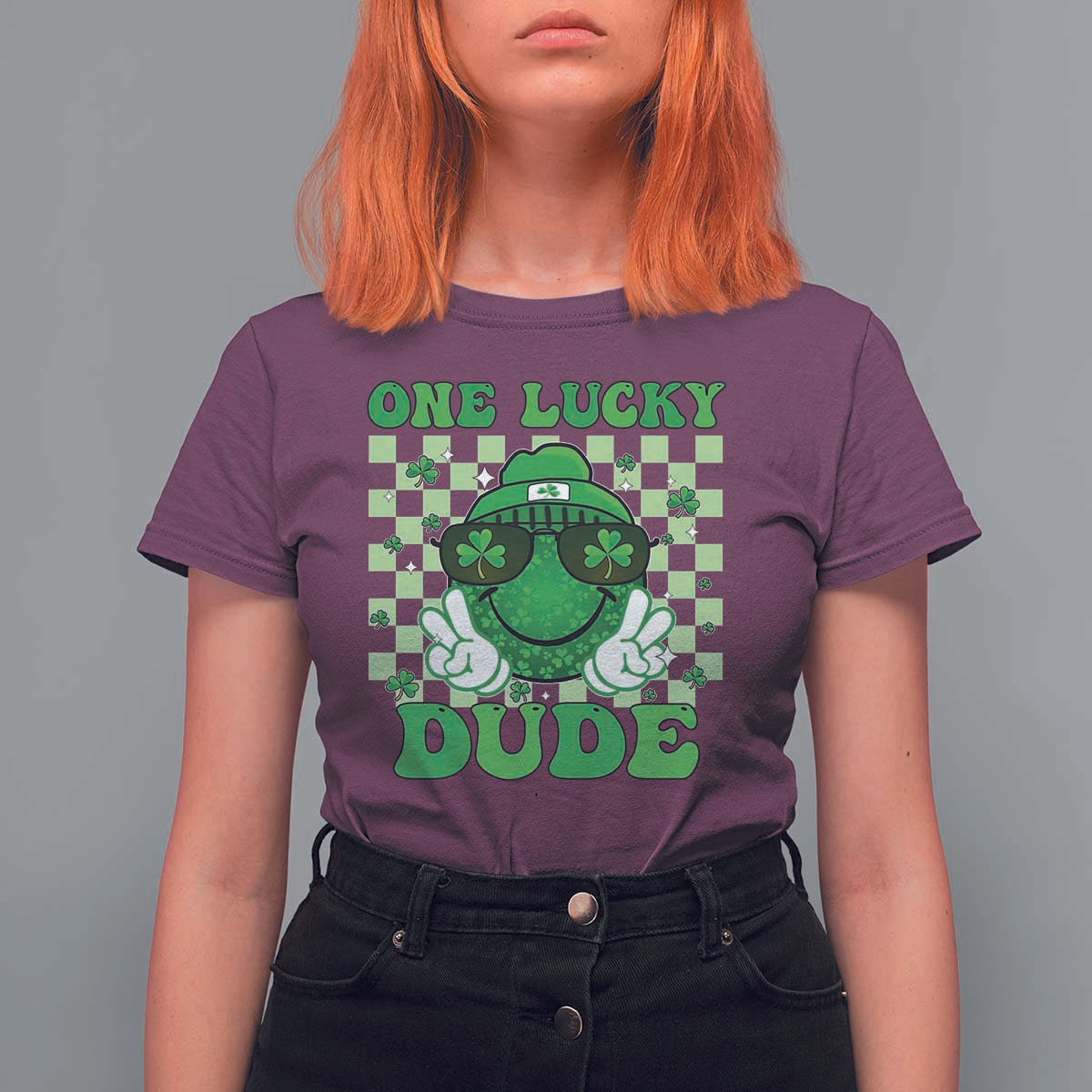 Funny One Lucky Dude St Patrick's Day T Shirt For Women Checkerboard Shamrock
