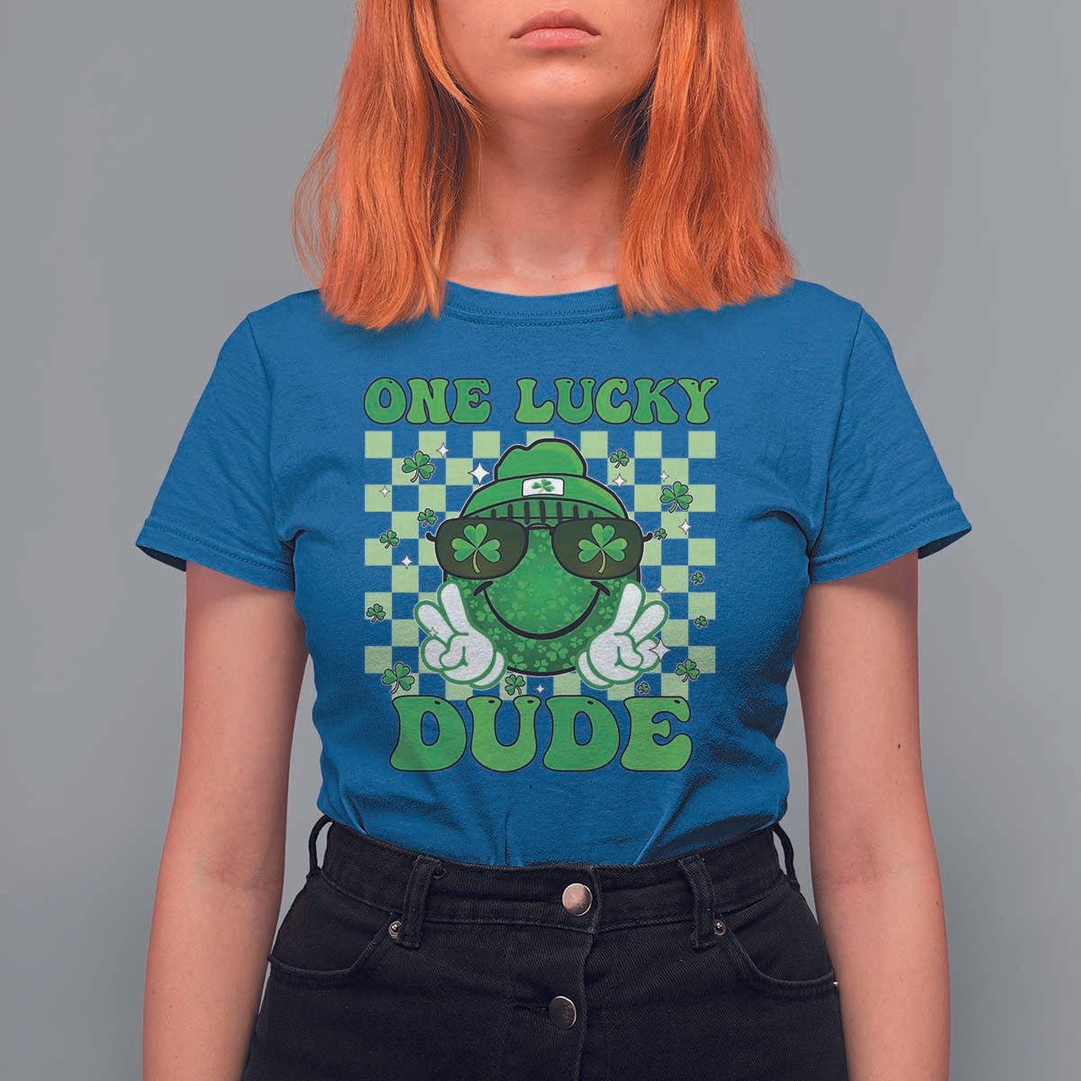 Funny One Lucky Dude St Patrick's Day T Shirt For Women Checkerboard Shamrock
