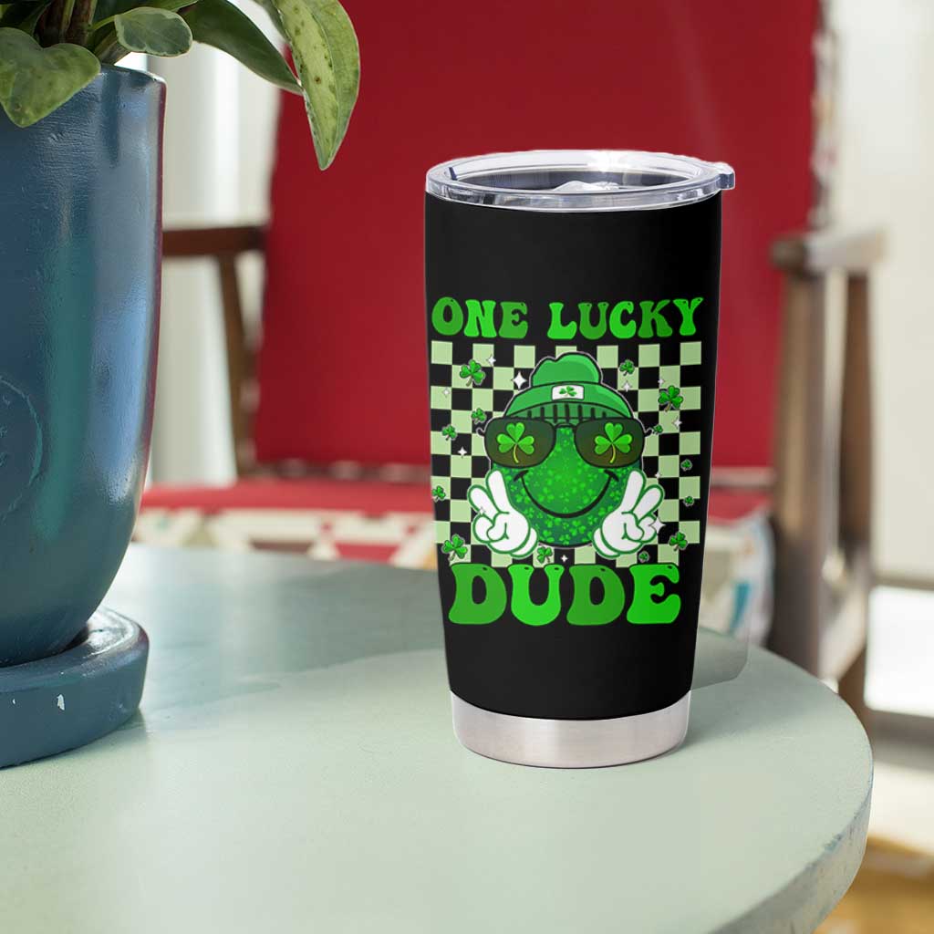 Funny One Lucky Dude St Patrick's Day Tumbler Cup Checkerboard Shamrock