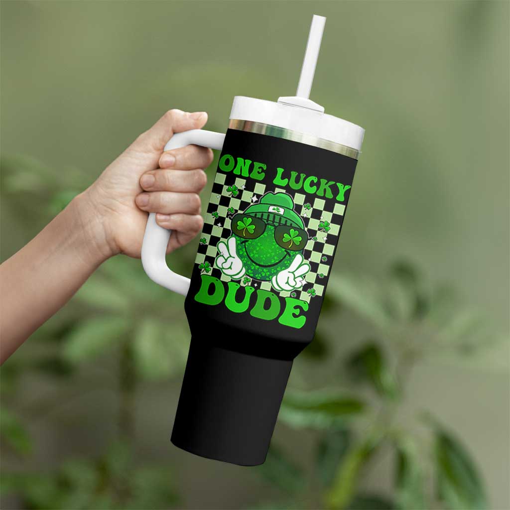 Funny One Lucky Dude St Patrick's Day Tumbler With Handle Checkerboard Shamrock