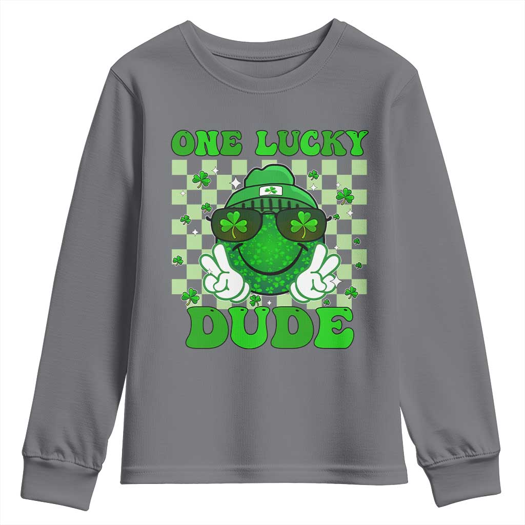 Funny One Lucky Dude St Patrick's Day Youth Sweatshirt Checkerboard Shamrock