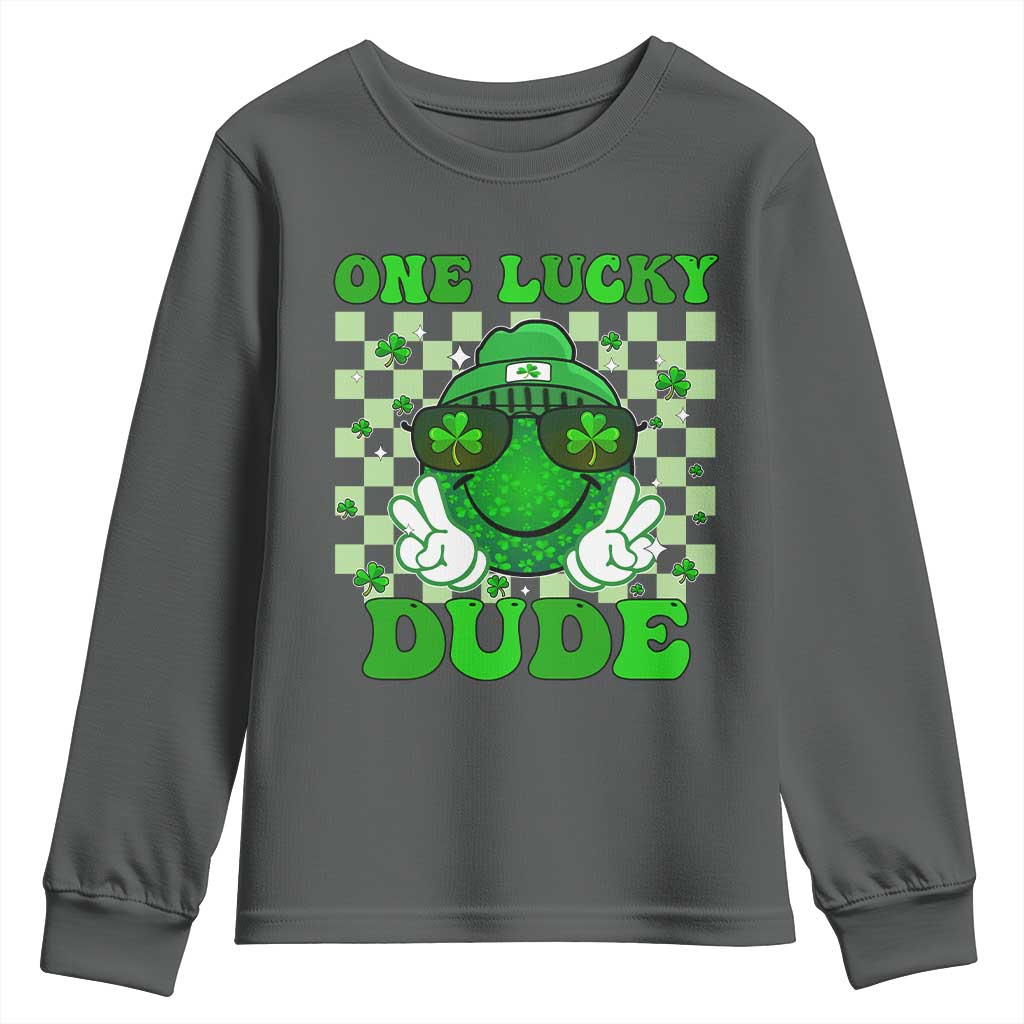 Funny One Lucky Dude St Patrick's Day Youth Sweatshirt Checkerboard Shamrock