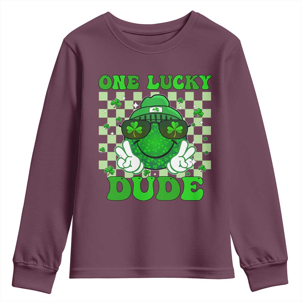 Funny One Lucky Dude St Patrick's Day Youth Sweatshirt Checkerboard Shamrock