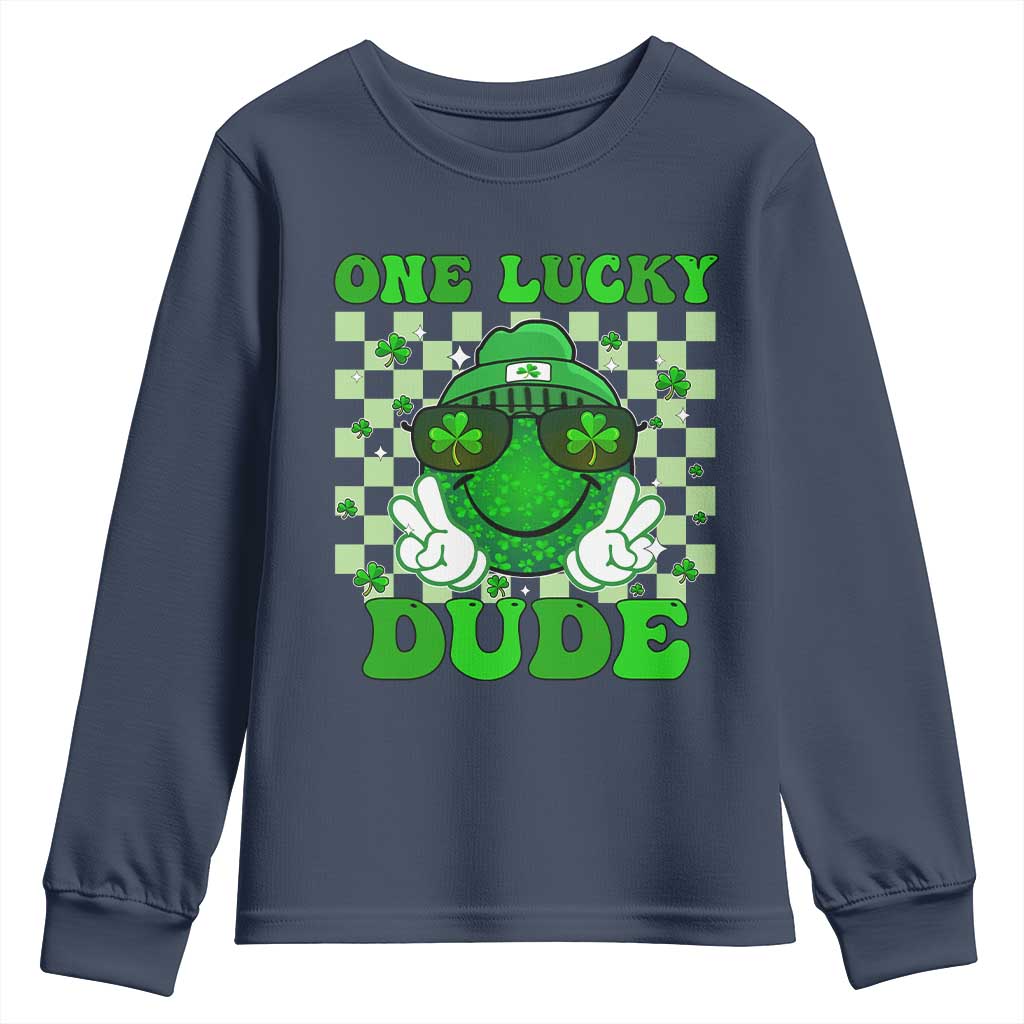 Funny One Lucky Dude St Patrick's Day Youth Sweatshirt Checkerboard Shamrock
