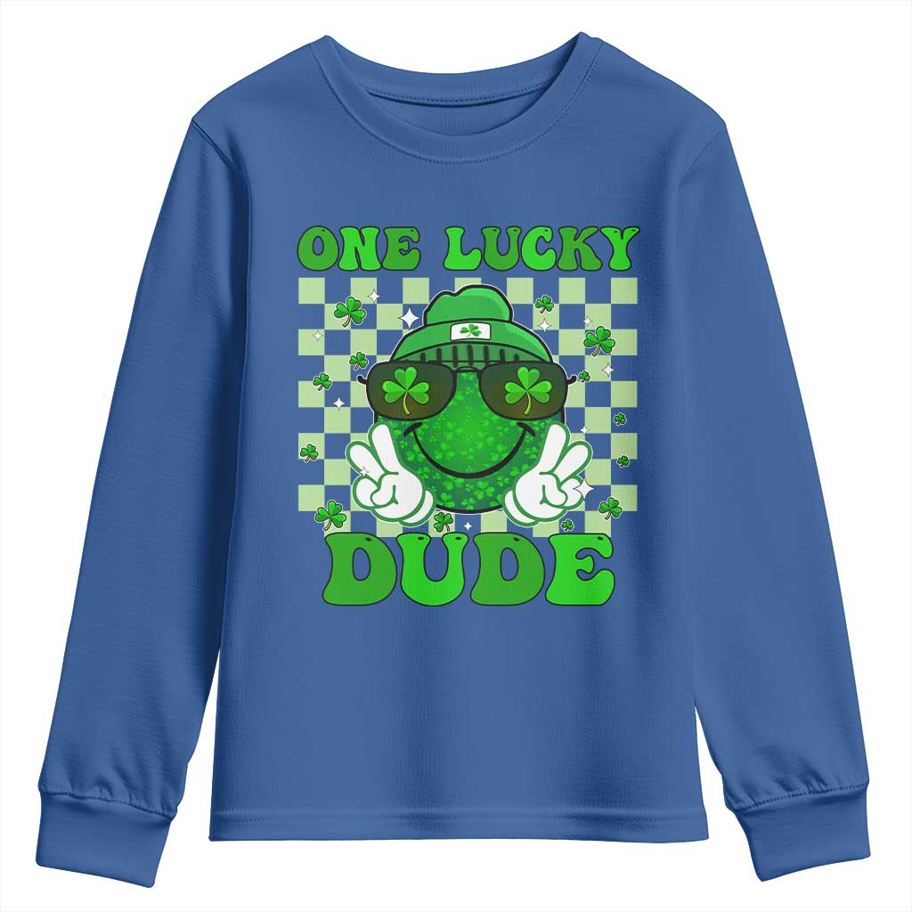 Funny One Lucky Dude St Patrick's Day Youth Sweatshirt Checkerboard Shamrock