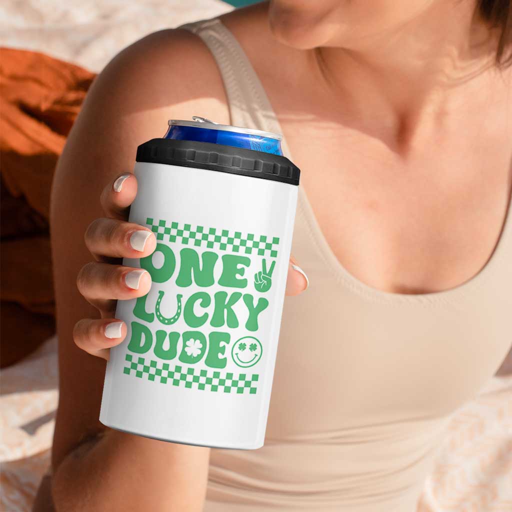 Funny One Lucky Dude 4 in 1 Can Cooler Tumbler St Patrick's Day Clover Horseshoe