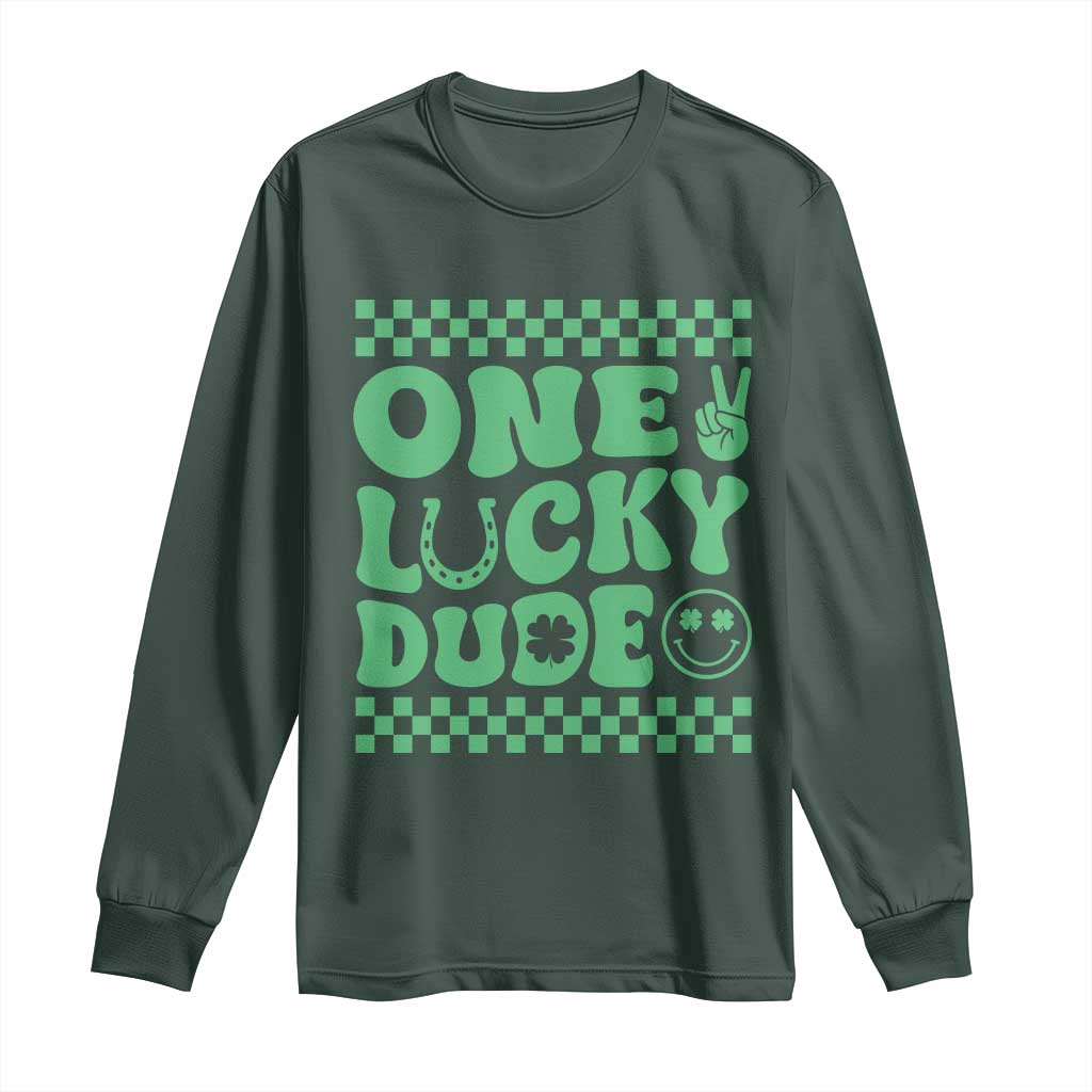 Funny One Lucky Dude Long Sleeve Shirt St Patrick's Day Clover Horseshoe