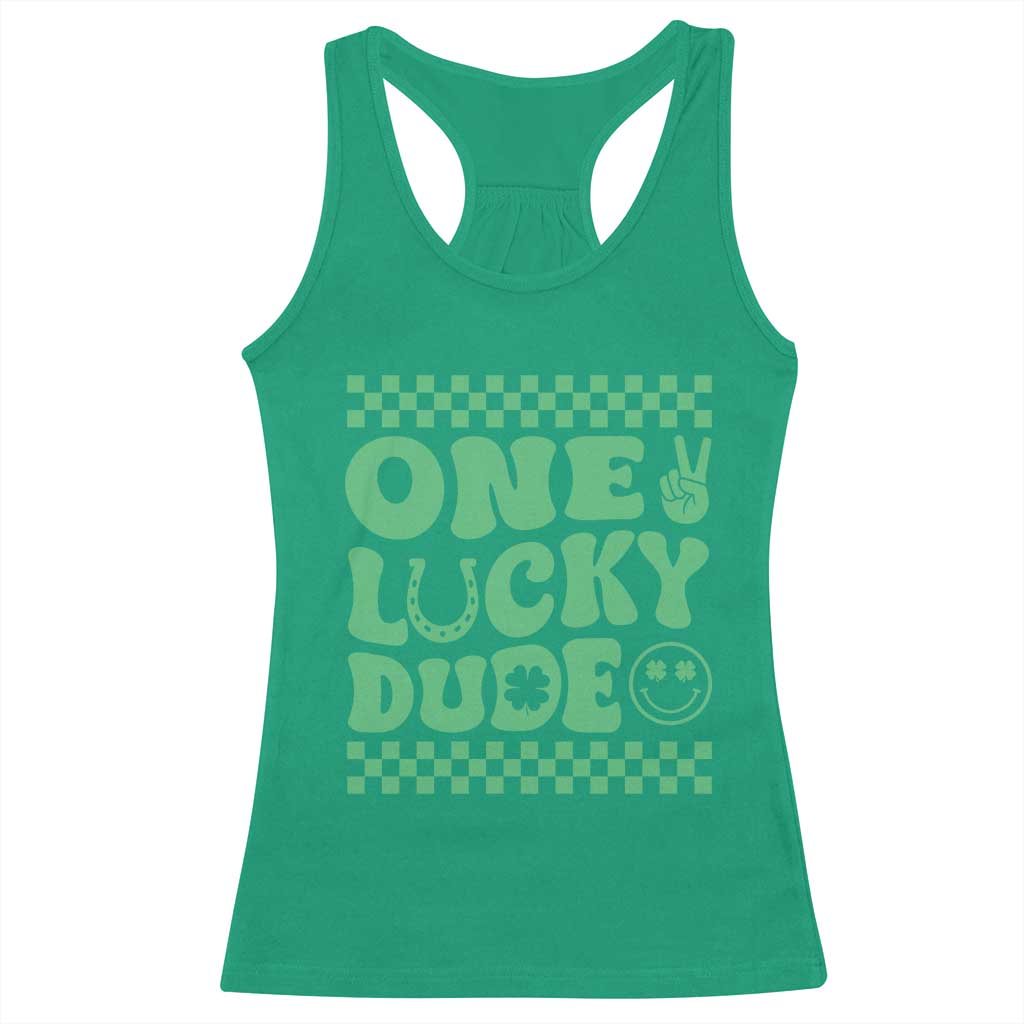 Funny One Lucky Dude Racerback Tank Top St Patrick's Day Clover Horseshoe