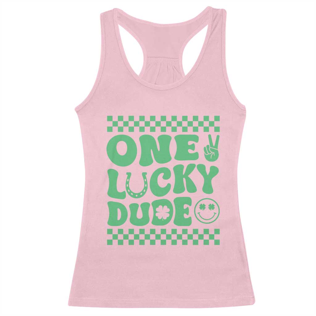 Funny One Lucky Dude Racerback Tank Top St Patrick's Day Clover Horseshoe