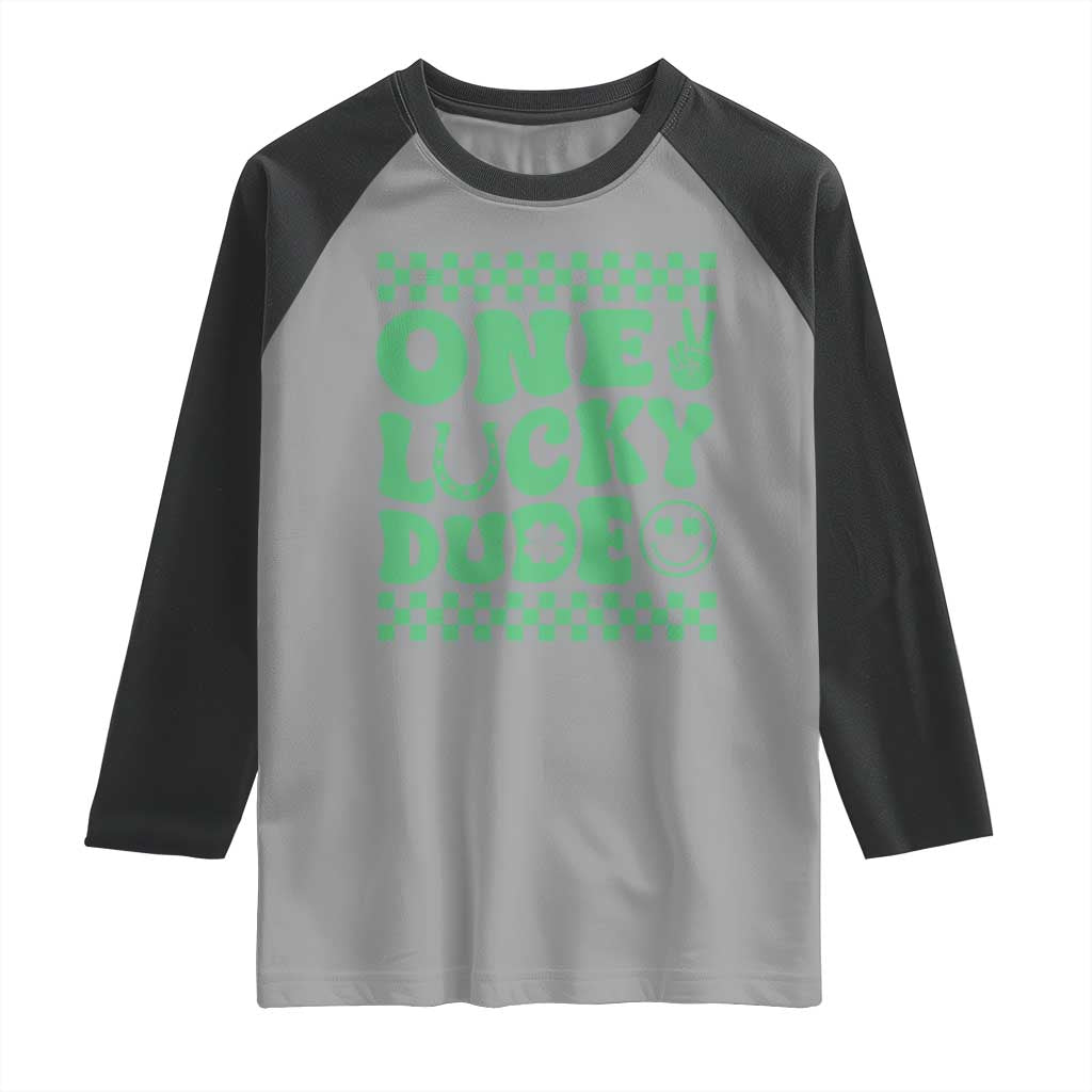 Funny One Lucky Dude Raglan Shirt St Patrick's Day Clover Horseshoe