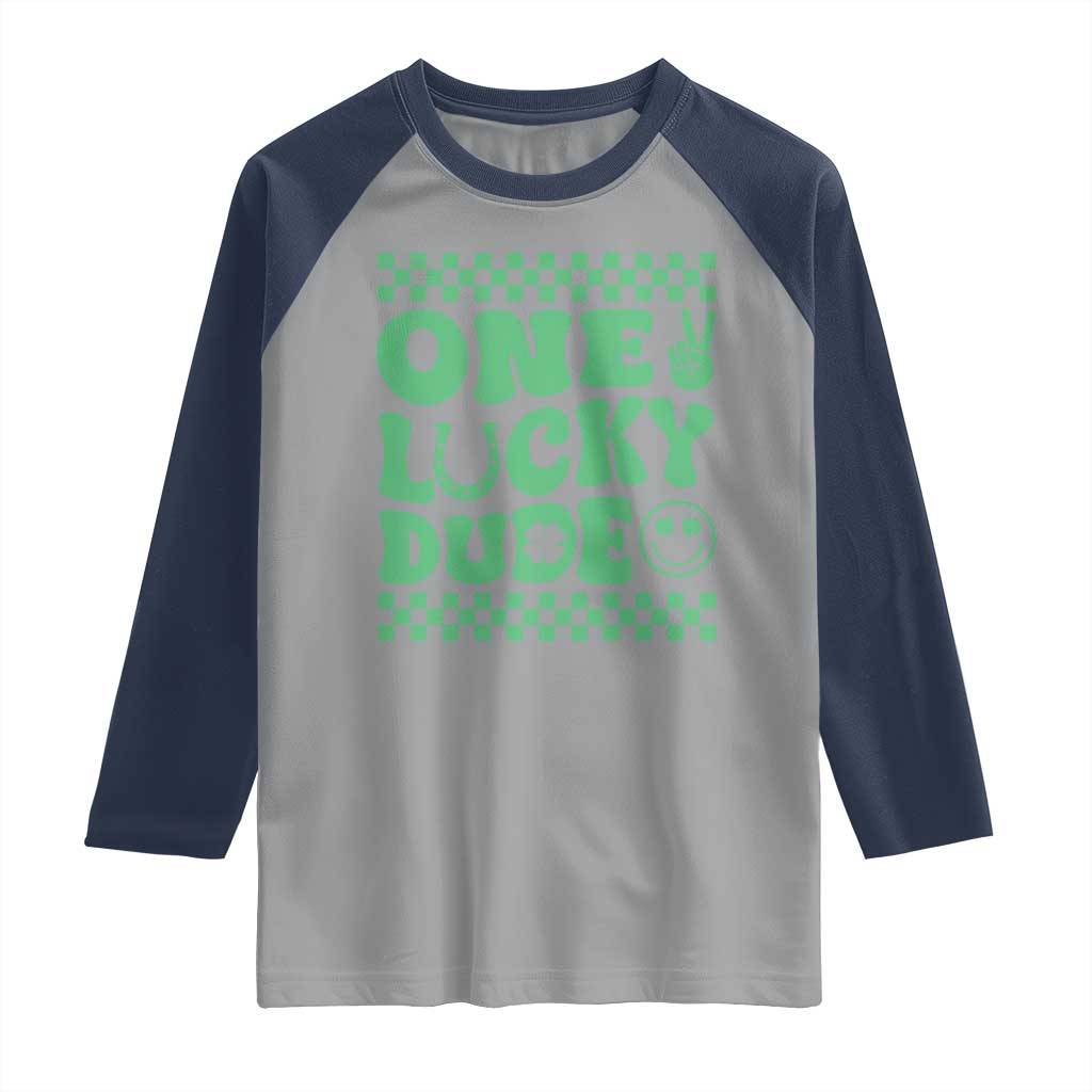 Funny One Lucky Dude Raglan Shirt St Patrick's Day Clover Horseshoe