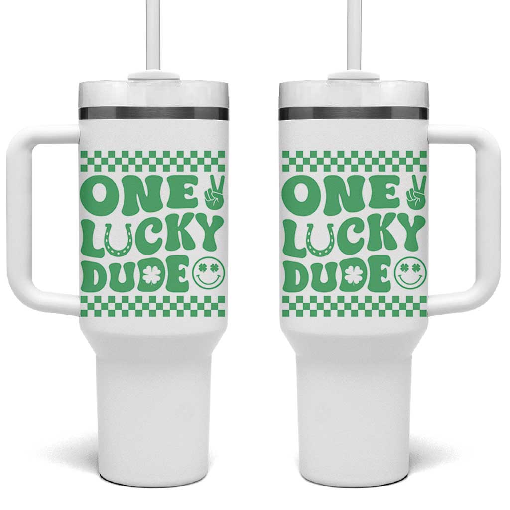Funny One Lucky Dude Tumbler With Handle St Patrick's Day Clover Horseshoe