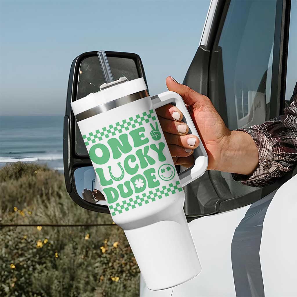Funny One Lucky Dude Tumbler With Handle St Patrick's Day Clover Horseshoe