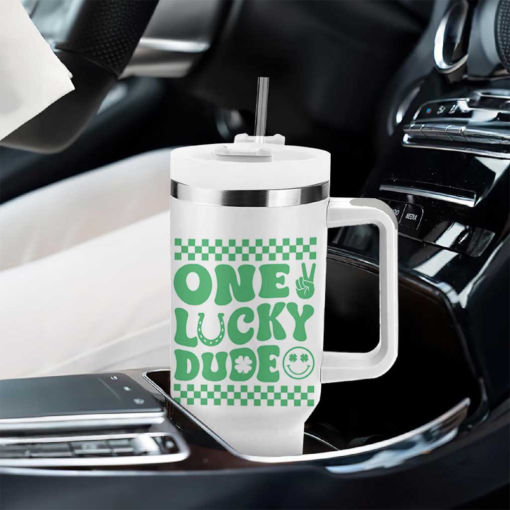 Funny One Lucky Dude Tumbler With Handle St Patrick's Day Clover Horseshoe