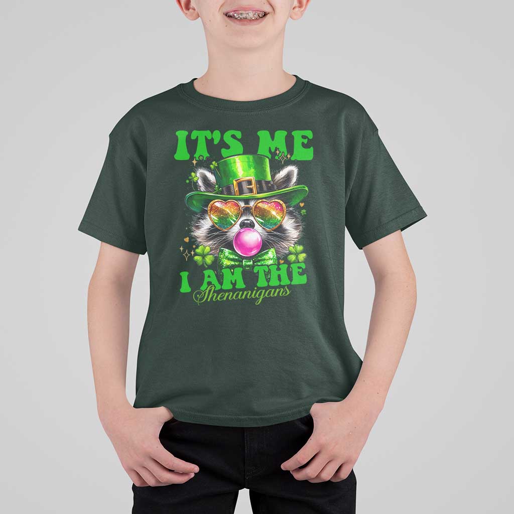 Funny It's Me I Am The Shenanigans T Shirt For Kid St Patrick's Day Racoon Shamrock