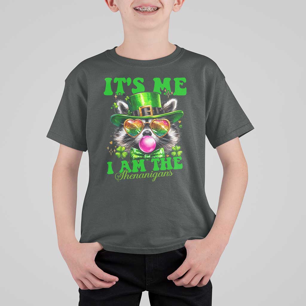 Funny It's Me I Am The Shenanigans T Shirt For Kid St Patrick's Day Racoon Shamrock
